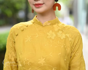 Yellow linen ao dai for women, Floral woven linen ao dai, Modern Vietnamese dress, Vietnamese lunar new year dress 2024, Custom size LA-W12