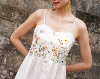 Handmade Embroidery Sundress Linen FLORA, Linen Spaghetti Handmade Embroidery Sundress Linen FLORA, Linen Spaghetti