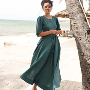 Vestido de lino con mangas abullonadas ADRIA, Vestido de lino con bolsillos, Vestido de lino de talla grande, Vestido de lino para mujer, Vestido bohemio, Vestido personalizado, Vestido vintage