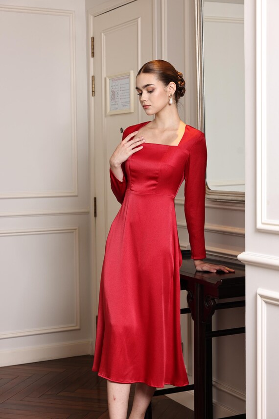Long Sleeve Silk Dress Silva, Red Silk Midi Dress, Wedding Guest Dress, Silk Prom Dress, Holiday Party Dress, Evening Dress, Custom Dress