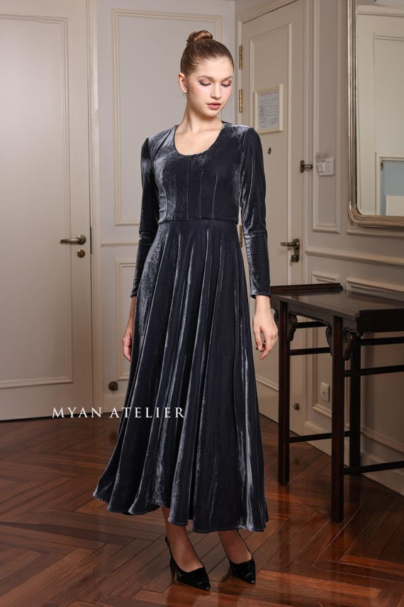 Long sleeve party gown MYAN, Charcoal velvet maxi dress, velvet dress women, Custom dress, Elegant velvet dress, Fit and flare velvet dress Long sleeve party gown MYAN, Charcoal velvet maxi dress, velvet dress women, Custom dress, Elegant velvet dress, Fit and flare velvet dress