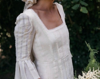 Square Neck Linen Wedding Dress ELARA, Boho Bridal Dress, Custom Fit