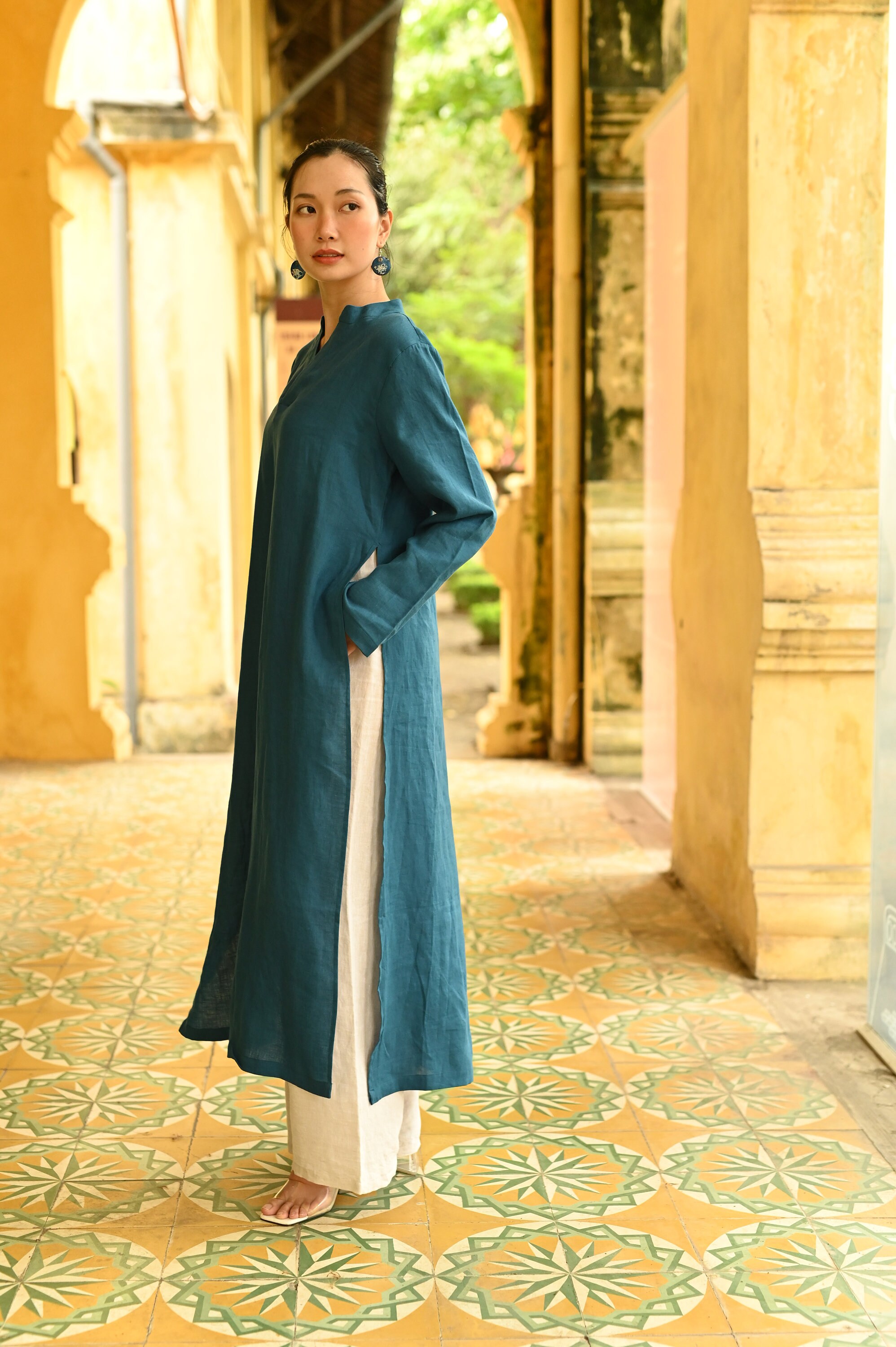 A-line Long Side Slit Dress CATHLEEN, Flowy Linen Tops, Custom Fit