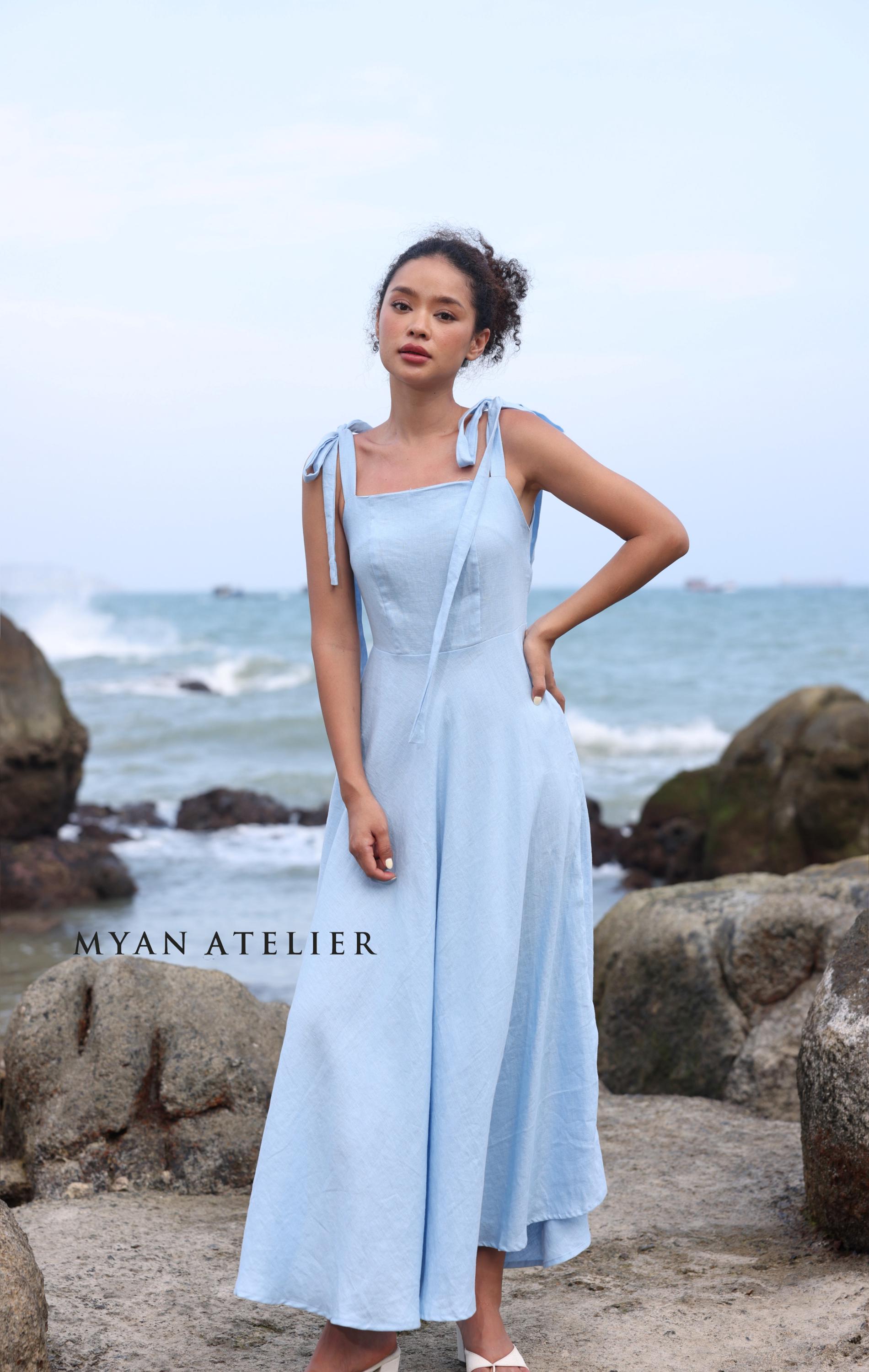 Square Neck Tie Shoulder Maxi Linen Dress VIVARA, Wedding Guest