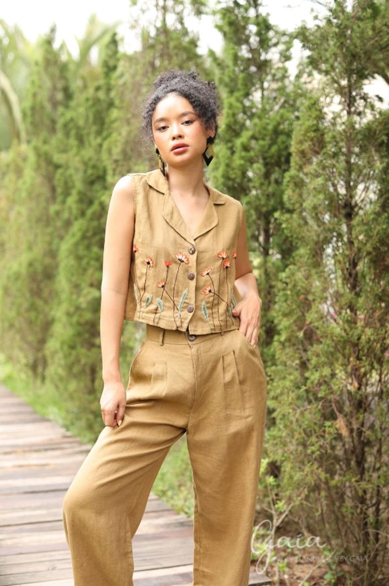 Hand Embroidered Sleeveless Linen Vest DALE, Wedding Guest Outfit, Custom fit