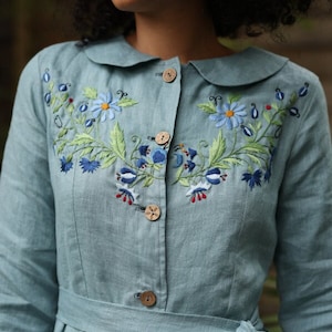Hand-Embroidered Linen Dress BREE - Peter Pan Collar Dress - Custom Made