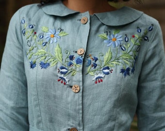 Hand Embroidered Peter Pan Collar Midi Linen Dress LUNA, Wedding Guest Dress,  Custom Fit - Etsy