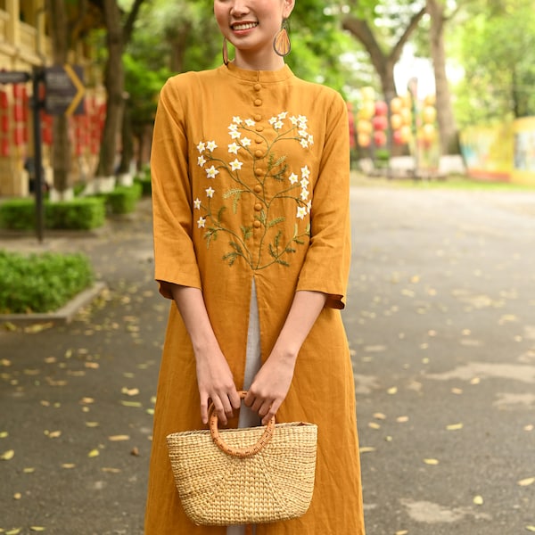 Handmade embroidery linen ao dai for women, Ao dai modern, Embroidered ao dai linen, Vietnamese ao dai tunic dress, Custom ao dai women