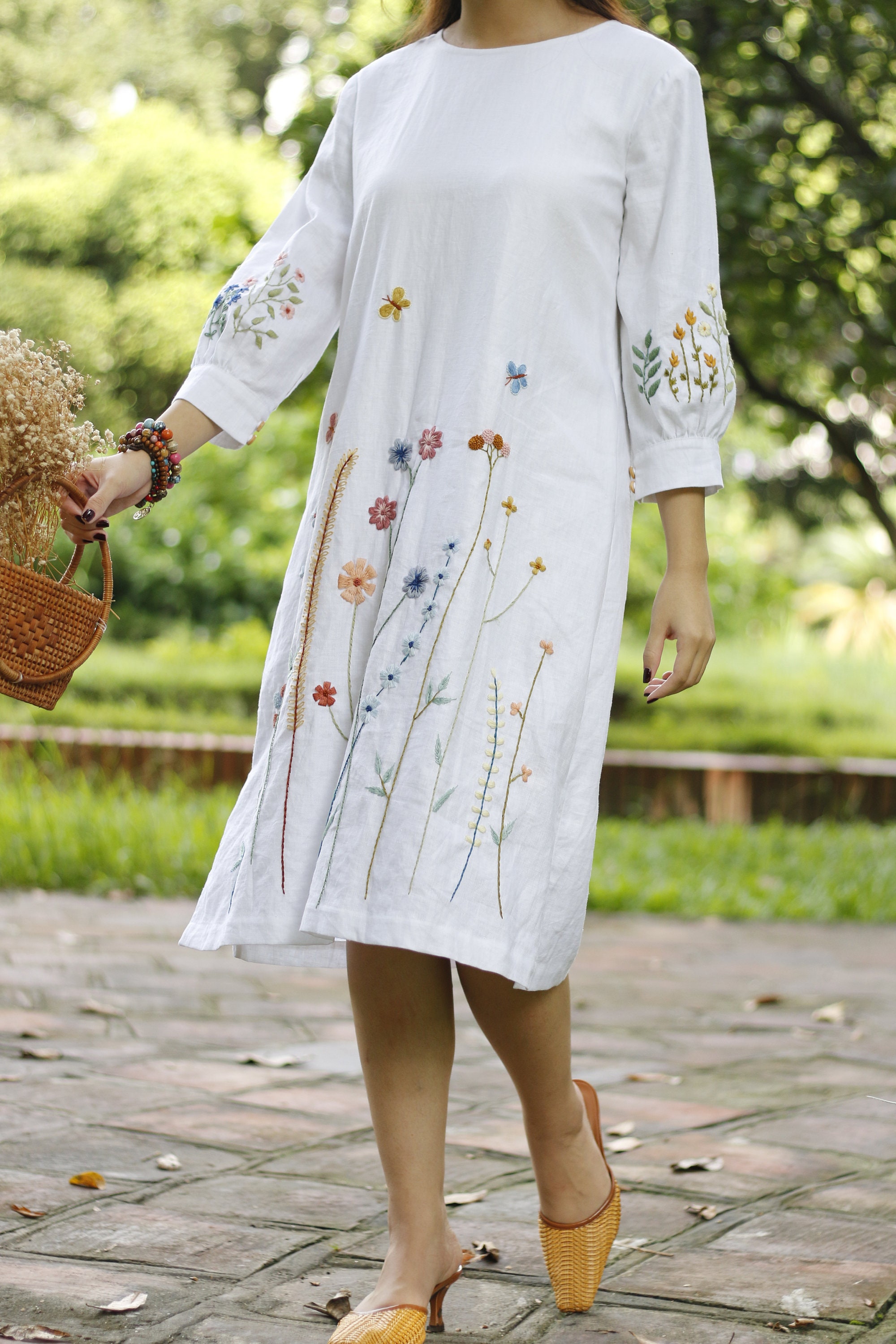 新品未使用【S】DAMASK EMBROIDERY LINEN DRESS www