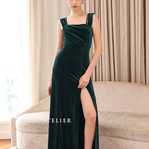 Spaghetti straps off shoulder velvet dress DARA, Green velvet formal dress, Velvet gown with slit, Velvet dresses for women, Custom dress
