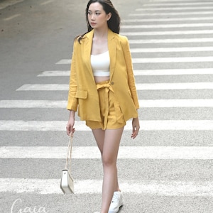 Linen Blazer And Shorts Set Women HELIA, Linen Two Piece Suit Set, Casual Linen Blazer, Single Breasted Linen Suit Women