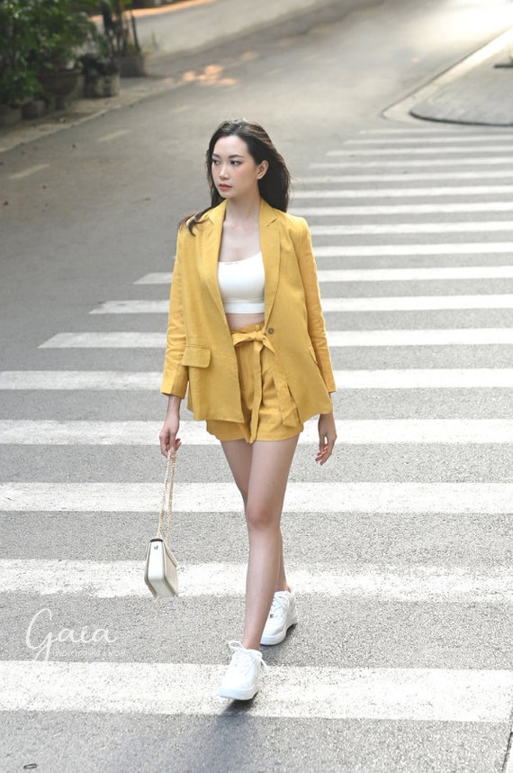 Linen Blazer and Shorts Set Women HELIA Linen Two Piece Suit Set Casual Linen Blazer Single Breasted Linen Suit Women Etsy