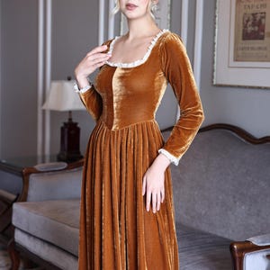 Square neck dress with ruffles SERENA, Caramel bridesmaid dress, Wedding guest dress, Formal velvet dress, Velvet dress women, Custom dress
