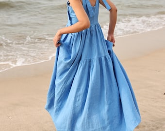 Sleeveless Tie-Strap Maxi Linen Dress CETARA, Wedding guest dress, Custom fit