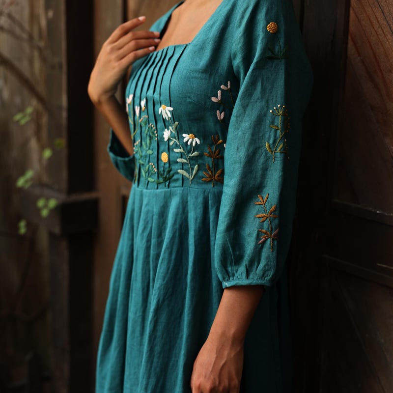 Embroidered Linen Button-Down Dress main image 1