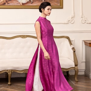 Sleeveless ao dai, Double layer modern ao dai, Modern ao dai, Silk ao dai women, Plus size ao dai, Custom made ao dai, Pink ao dai AS94