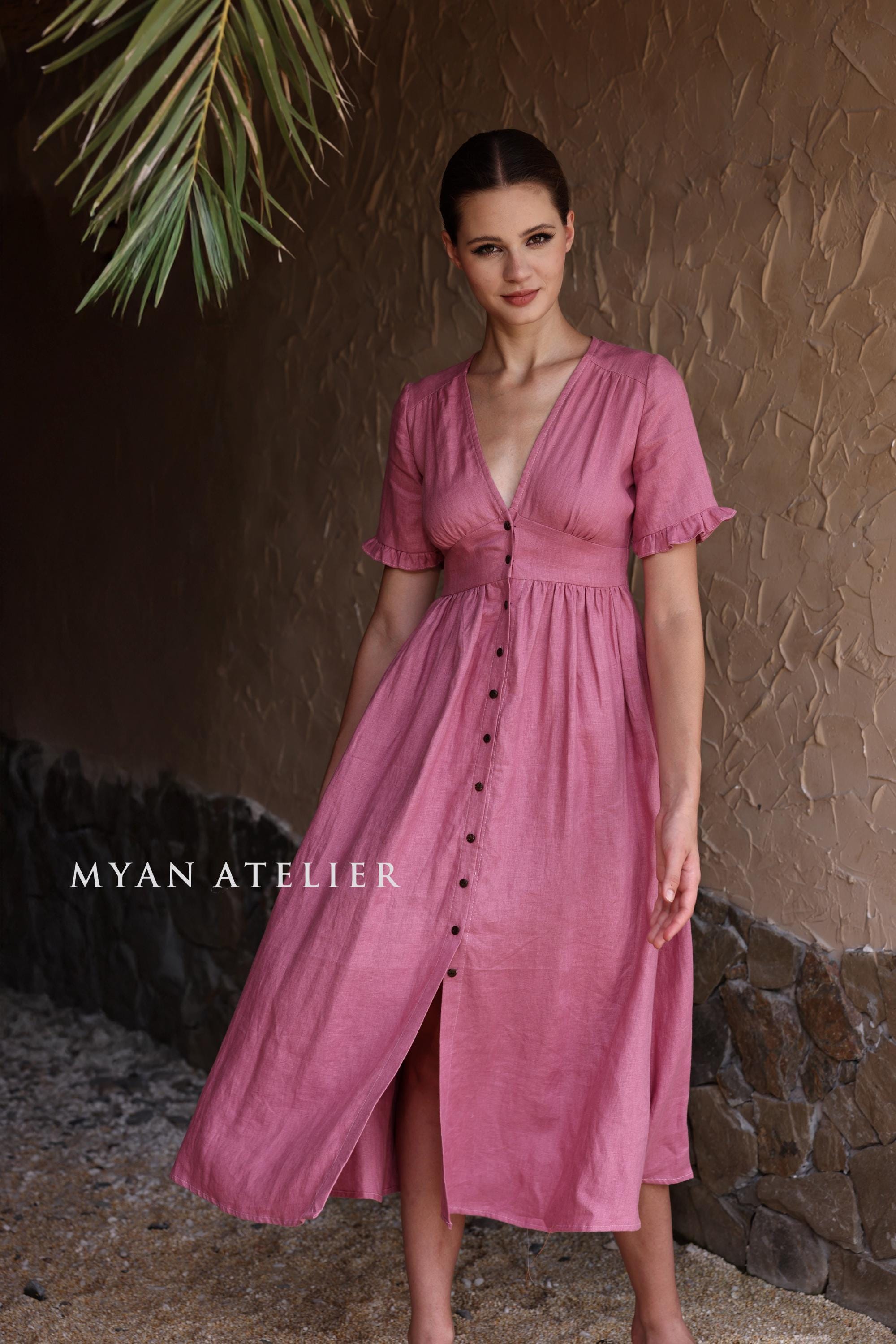 Fit-and-flare Midi Linen Dress MARIEL, Short Ruffle Sleeves Dress