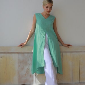 V neck linen tunic MYA, Long linen tunic women, Linen shirt dress, Summer linen top, Linen kaftan, Plus size tunics, Sleeveless tunic top