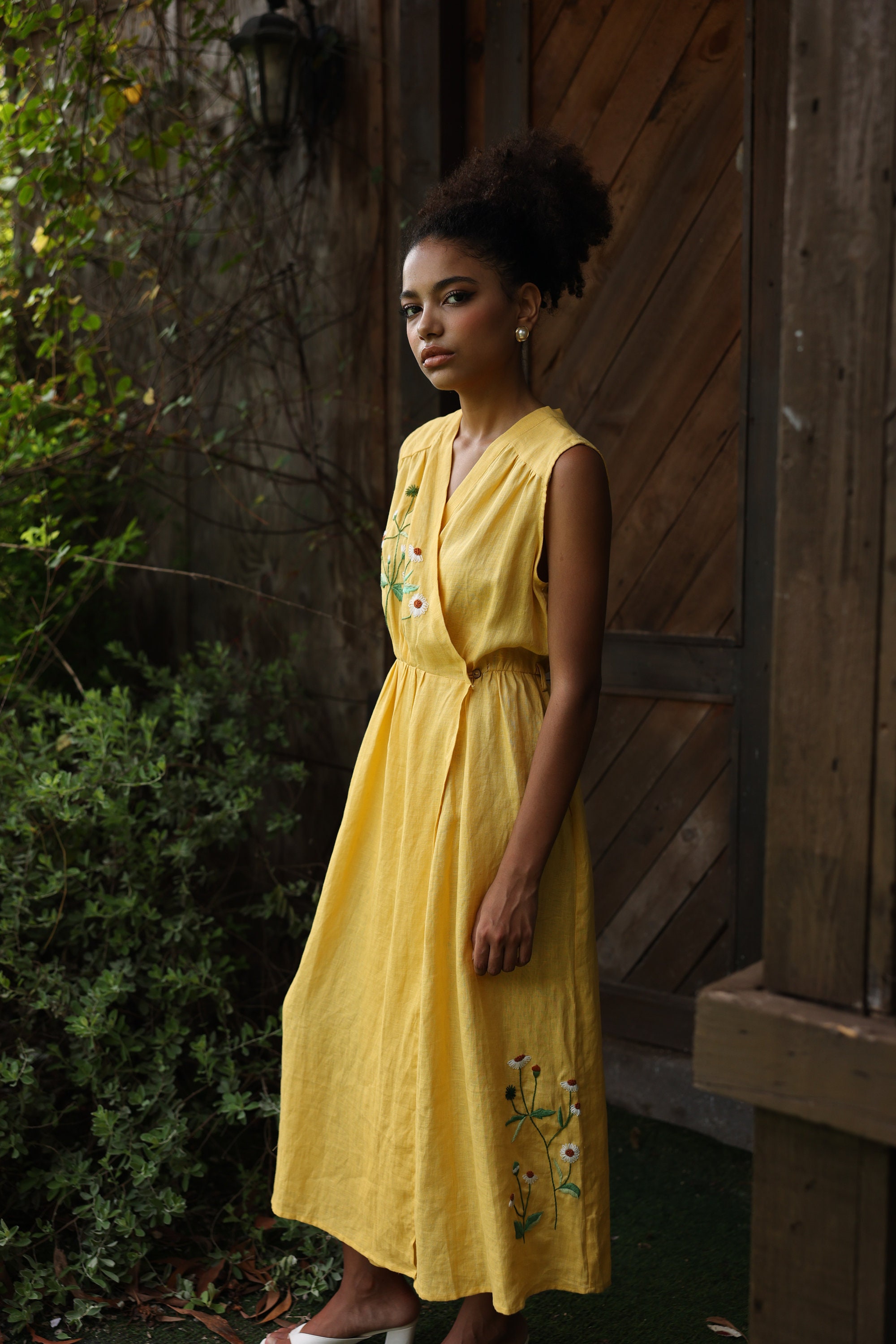 Hand Embroidered V-neck Warp Linen Dress NAOMI, Wedding Guest Dress, Custom fit