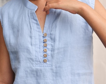 Linen button top MALTA, Sleeveless linen blouse, Custom fit