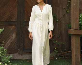 Puff Long Sleeve Button Down Maxi Linen Dress ARGA, Wedding guest dress, Custom fit