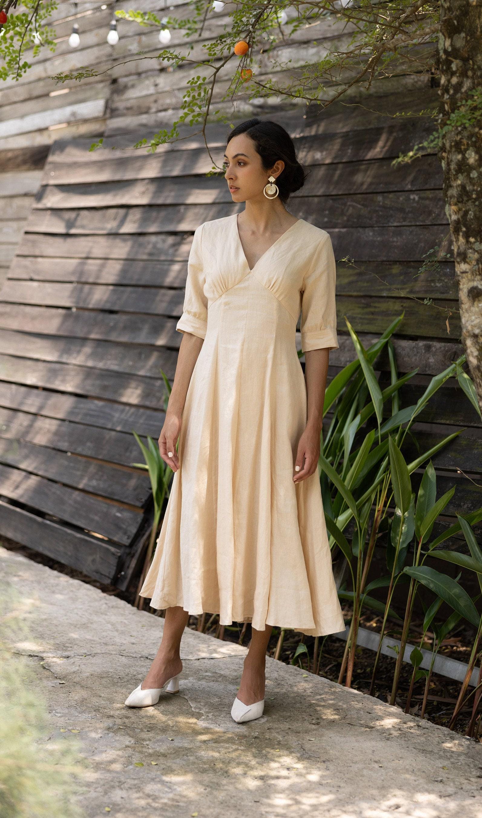 A-line Silhouette V-neck Linen Dress MARIANA, Wedding Guest Dress A-line Silhouette V-neck Linen Dress MARIANA, Wedding Guest Dress