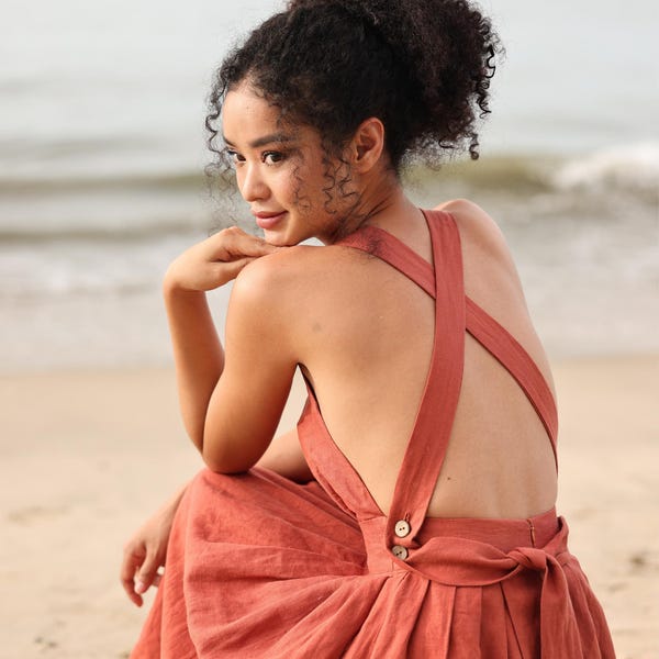 Cross Back Linen Midi Dress PETRA, Sundress with Pockets, Women Clothing, Wedding guest dress, Custom fit