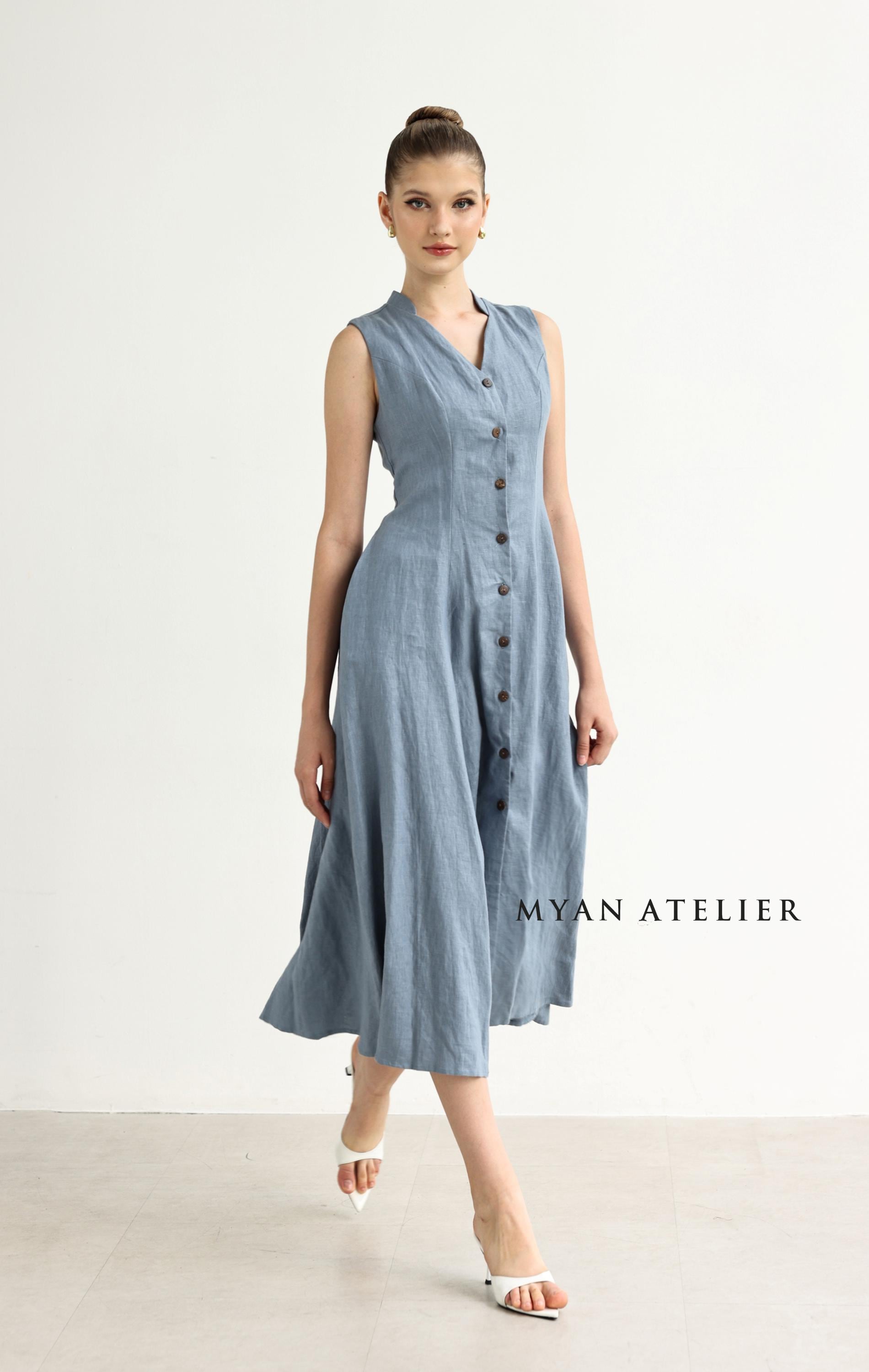 Sleeveless Linen Button Down Dress ALIRA, Sundress with Pockets, Women Clothing, Wedding Guest Dress, Custom Fit