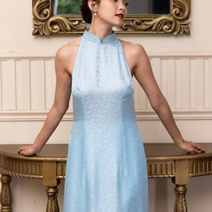 Sleeveless silk ao dai, Modern ao dai, Ao dai women with pants, Vietnamese dress for women, Plus size ao dai, Blue Vietnamese dress AS73