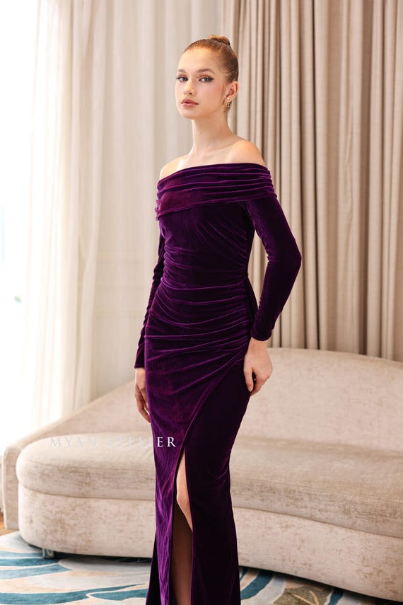 Asymmetrical neckline Velvet dress SORIN, Long sleeve formal dress, Velvet bridesmaid dress, Velvet dress women, Custom dress, Violet dress