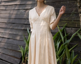 V-neck linen dress with sleeves MARIANA, Elegant linen dress, Tea length linen dress, a-line linen dress, Linen boho dress, Tailored dress