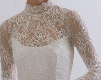Top de novia de manga larga y cuello alto a medida, top superpuesto de encaje para novia, hecho a medida