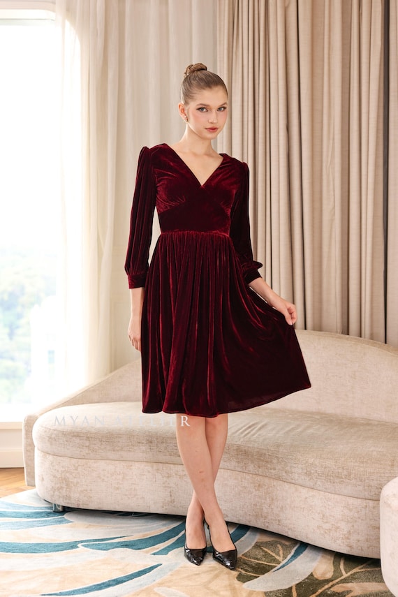 Elegant A-line velvet dress KELLY, Plus size red velvet dress, Formal dress, Holiday party dress, velvet dress for women, Custom dress