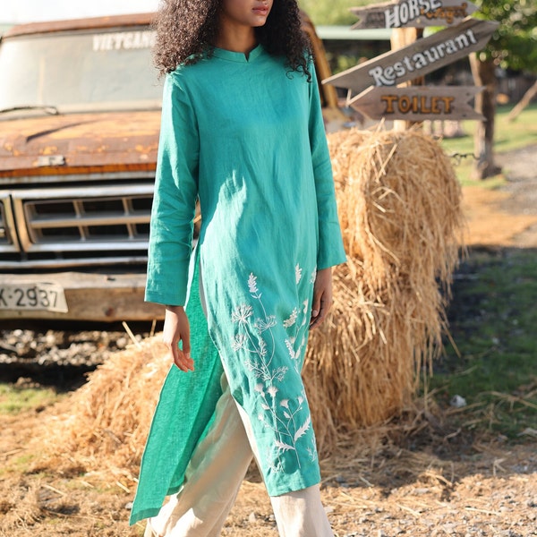 Long tunic and pants set MEADOW, Linen two piece set, Embroidered tunic, Linen shirt dress, Long sleeve tunic dress, Wedding guest outfit
