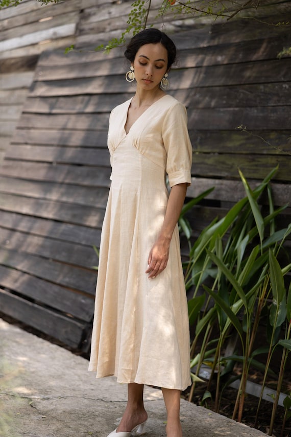 A-line Silhouette V-neck Linen Dress MARIANA, Wedding guest dress, Custom fit A-line Silhouette V-neck Linen Dress MARIANA, Wedding guest dress, Custom fit