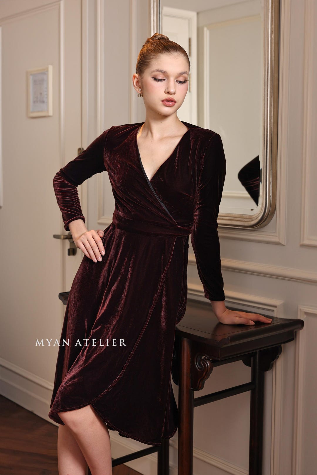 long sleeve velvet a line dress Brown Embellished Long Sleeve Velvet Trim A-Line Midi Dress