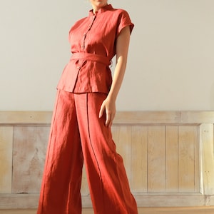 Linen Two Piece Set Women in Various Color, Linen Top and Pants Terra Cotta, Linen Outfit with Wide Leg Pants, Formal Linen Set Women