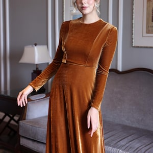 burnt orange long sleeve velvet dress Burnt Orange Velvet V-Neck Bridesmaid Dress Sheath Midi