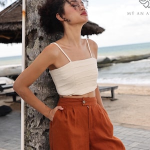 Linen cropped pleated top BRIA,  Linen sleeveless top, Linen tank top, Plus size tops, Sleeveless top, Linen summer blouse, Linen camisole
