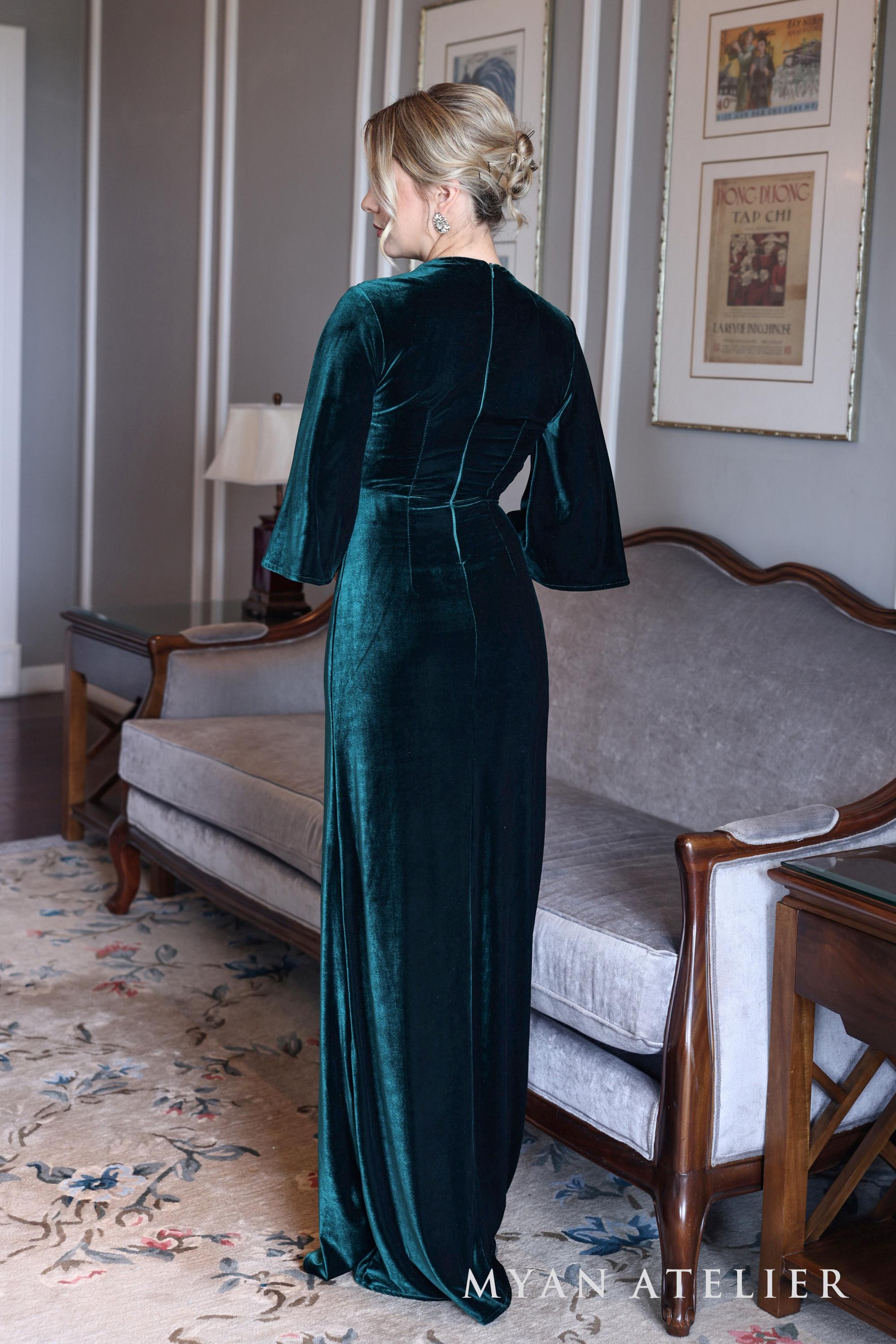 EMRE | Velvet Evening Dress | Deep V Neck | Bell Sleeves | Made-to