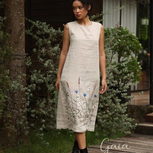 Floral embroidered dress JASMINE, Hand embroidered dress, Linen midi dress, Summer dress, Sleeveless dress, Custom dress, Casual dresses