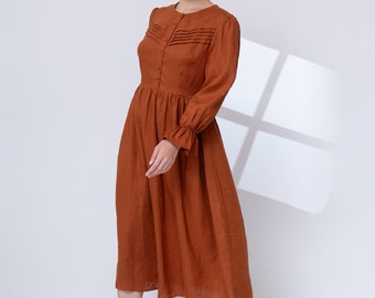 Long sleeves linen dress KAYA, A-line linen dress, Linen dress long, Pleated linen dress, Linen button down front dress,Linen clothing women