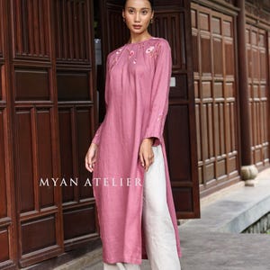 Floral embroidery ao dai, Linen ao dai with pants, Vietnam dress culture, One-of-a-kind ao dai, Plus size ao dai, Custom ao dai ELA-W46