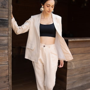 Beige linen suit CALLIE, Linen blazer women, Single-breasted linen suit, Linen two piece set, Womens custom suit, Sustainable clothing