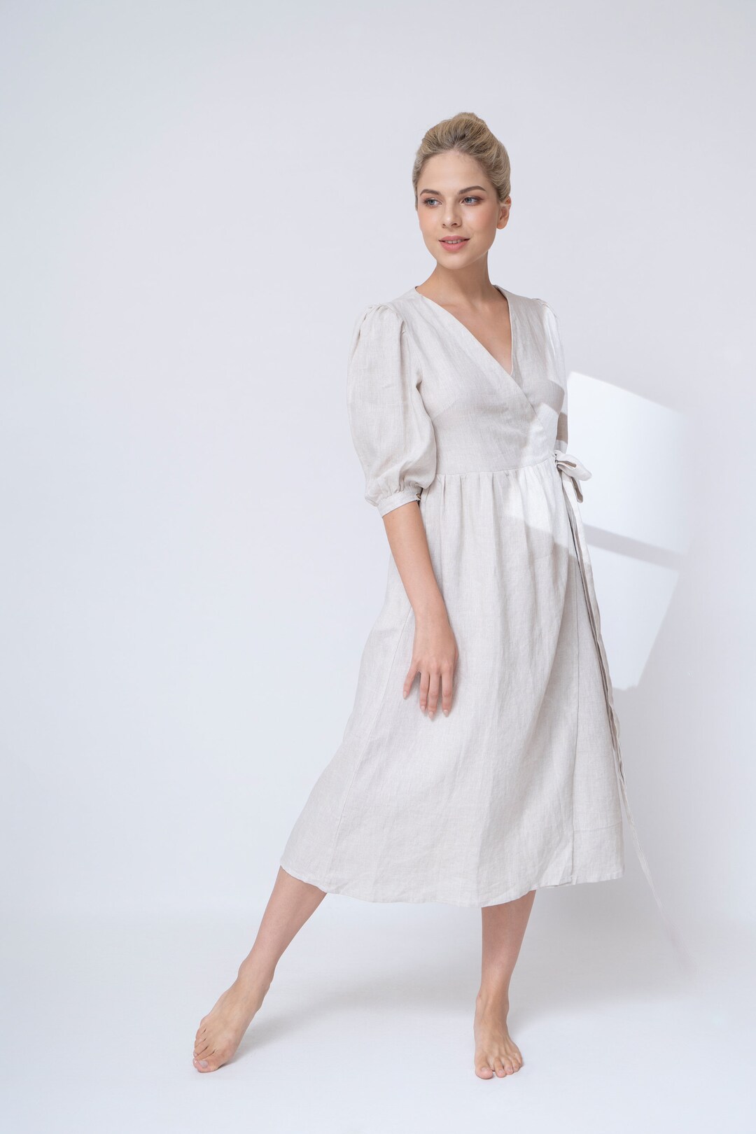 Customized Hand-embroidered Linen Wrap Dress LINCY, Tailored Linen