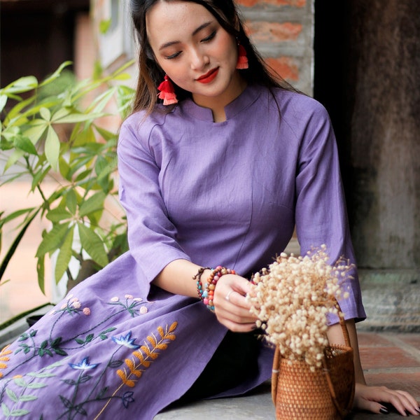 Handmade embroidery linen ao dai for women, Purple linen ao dai, Embroidered ao dai, Vietnamese ao dai tunic dress, Custom ao dai linen