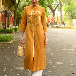 Vietnamese Dress for Women, Hand-embroidered Yellow Linen Ao Dai ...