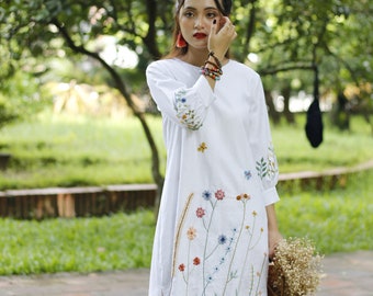 Handmade Embroidery Linen Dress CELINE, Long Sleeves Linen Handmade Embroidery Linen Dress CELINE, Long Sleeves Linen