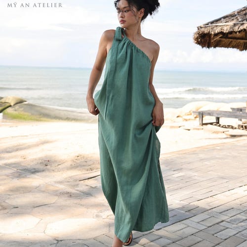 One Shoulder Maxi Linen Dress Aster, Wedding Guest Dress, Custom Fit One Shoulder Maxi Linen Dress Aster, Wedding Guest Dress, Custom Fit
