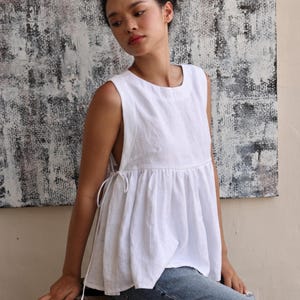 Blusa de linho com amarrações laterais RIVER, Blusa de linho com laterais abertas, Blusa sem mangas, Blusas de linho para mulheres, Blusa de linho de verão para mulheres, Blusa com amarração lateral